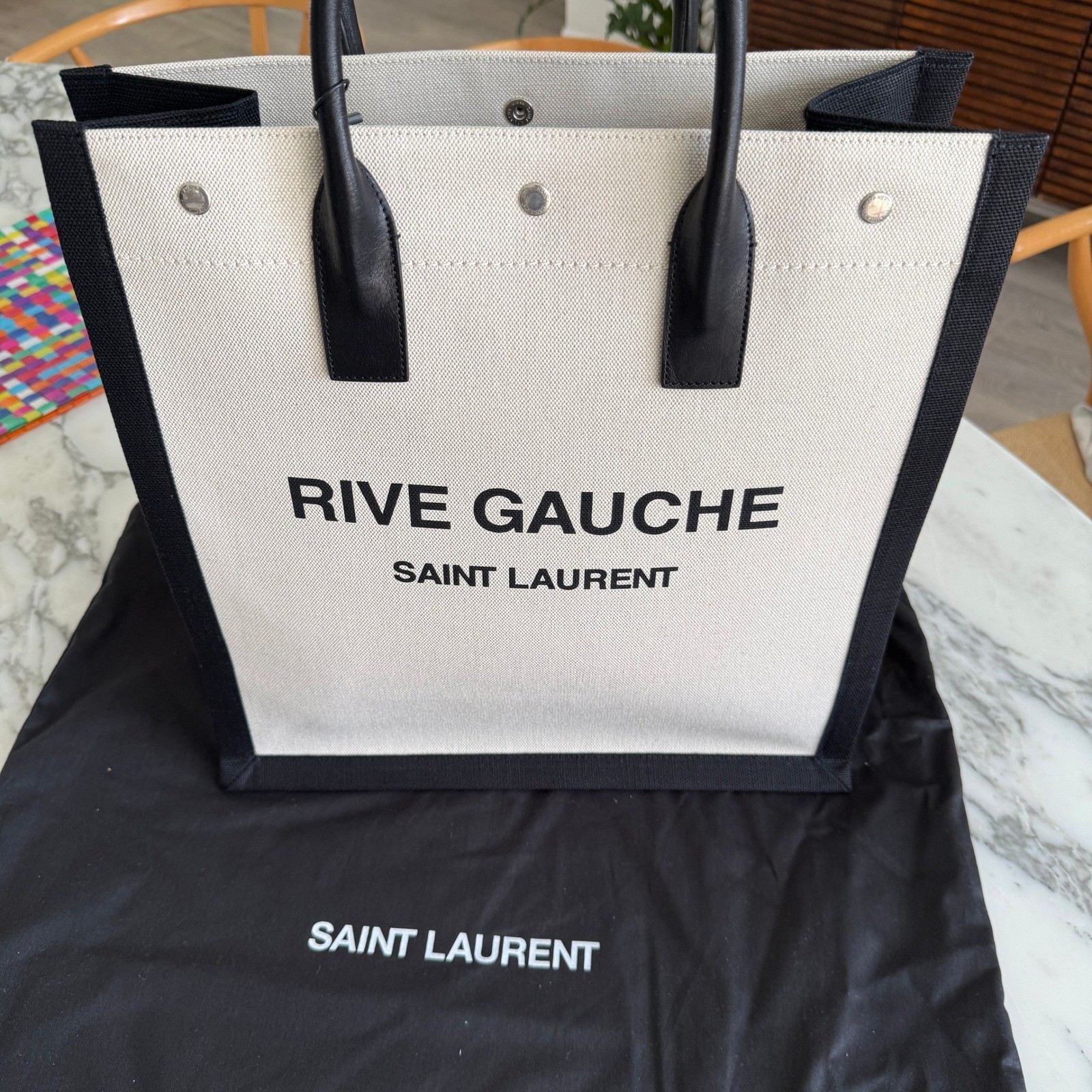Saint Laurent Rive Gauche Tote Bag Canvas Leather White Black 632539