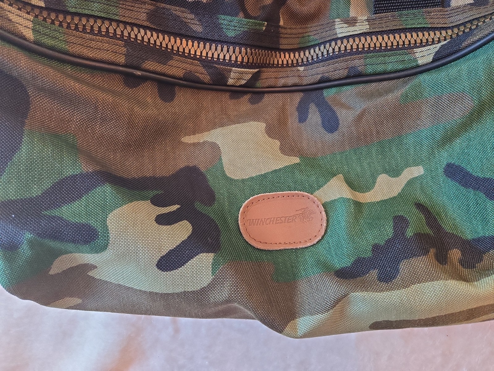 Vintage Camo Winchester Duffle Bag Single YKK Zipper Med Size 21x14x14” One Tear