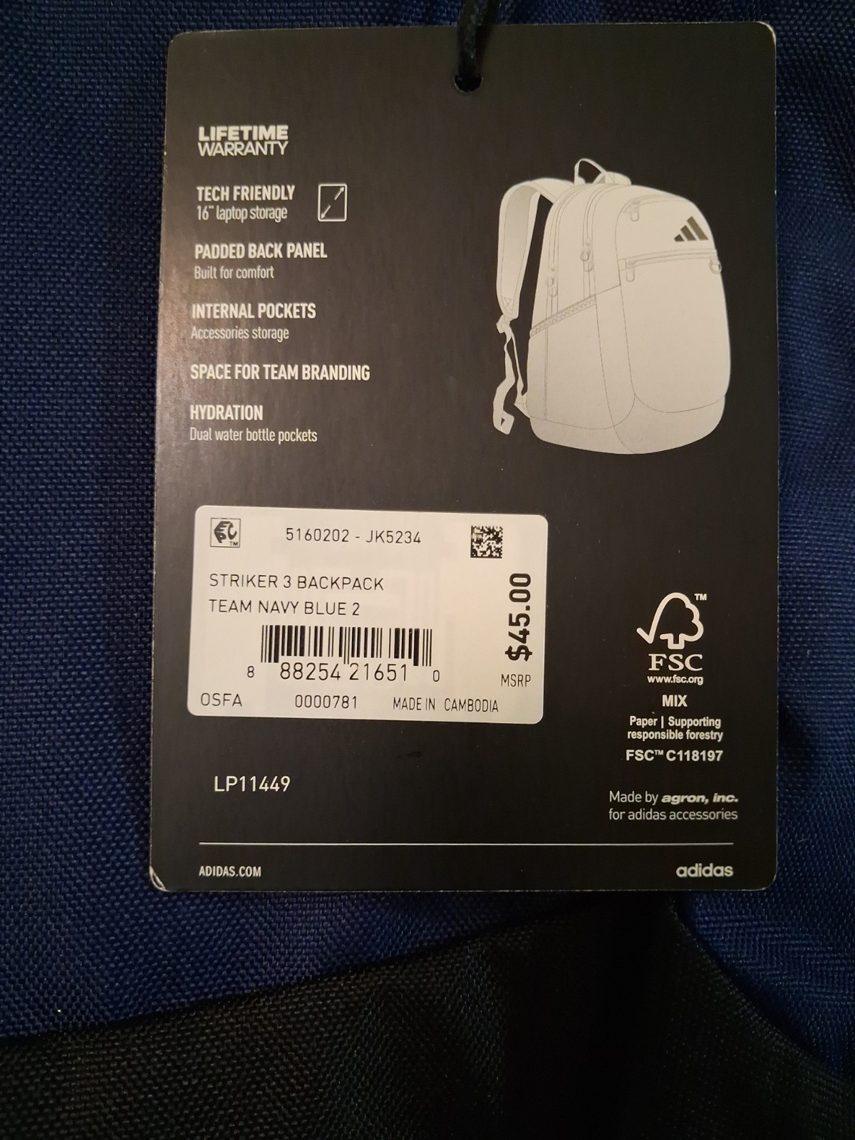 Adidas Striker 3 Navy Blue 20 Inch Backpack: Brand New With Laptop Slot
