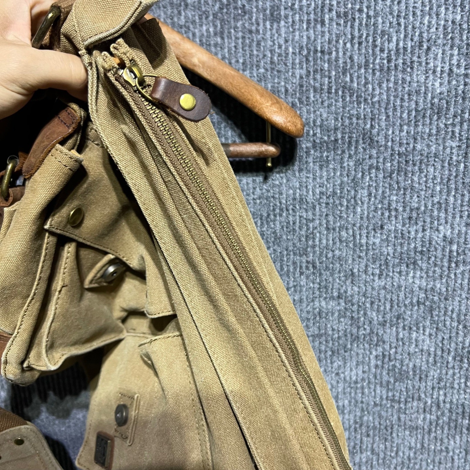 SC Cotton Messenger Bag Mens Large Tan Canvas Leather Trim Tactical Satchel