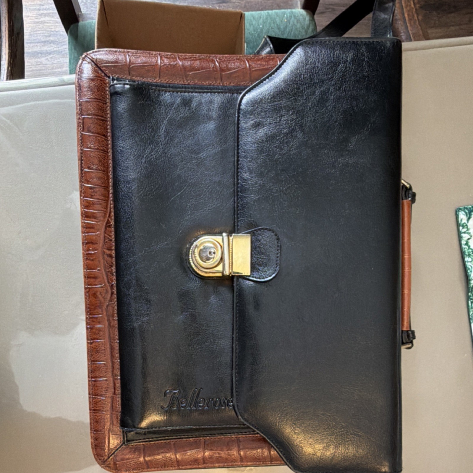 Kellerose Black Brown Briefcase Push Lock Shoulder Strap Inner Pockets
