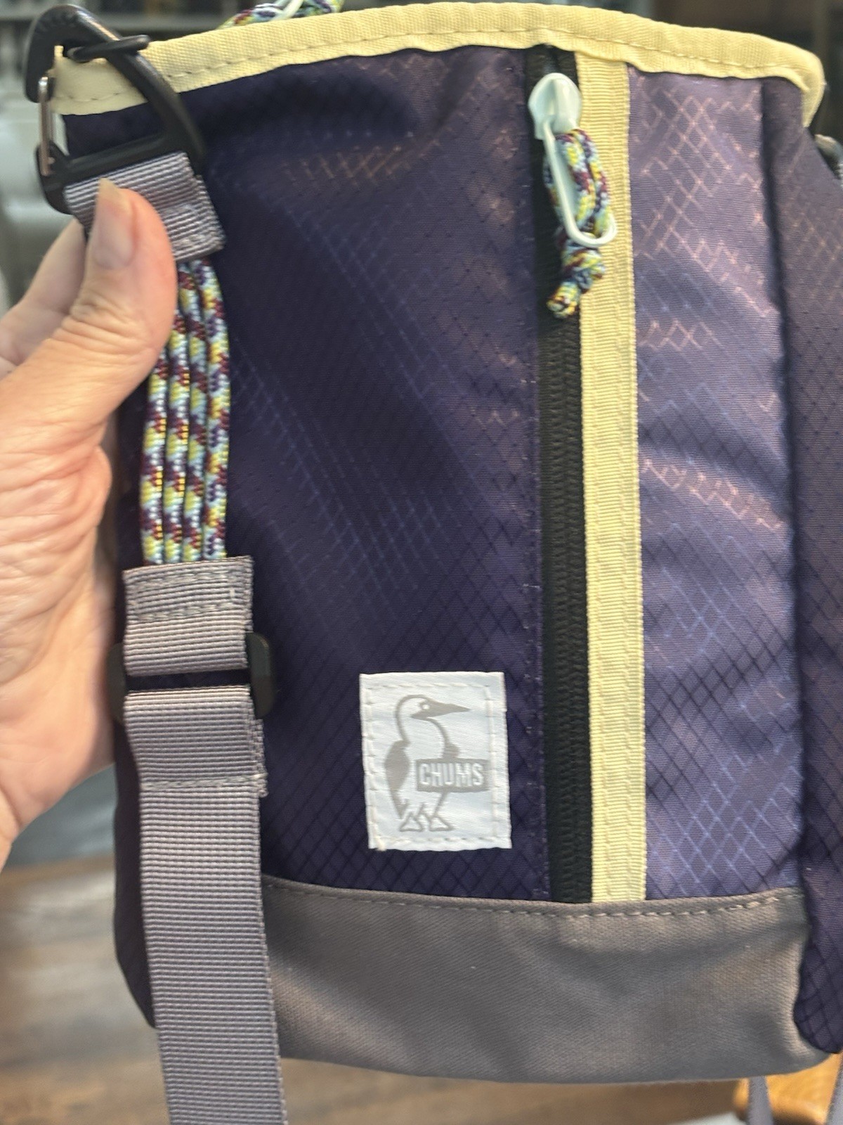 CHUMS Small Crossbody Bag Purple/Gray/Beige Booby Bird Zip Adjustable Strap