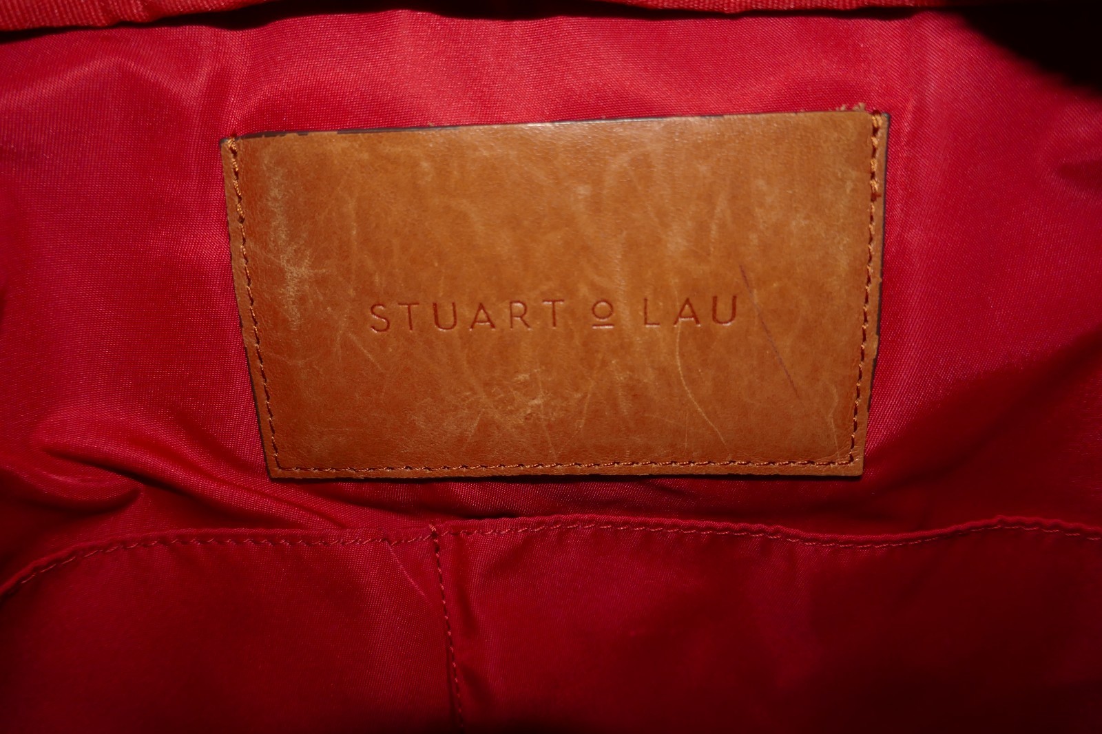 STUART O LAU The Cary Blue Nylon Briefcase Tan Leather Trim Red Interior