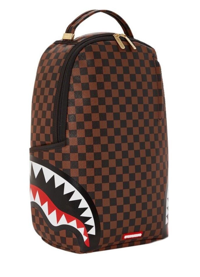 Sprayground Brown Checkered Backpack Shark In Paris Monogram School Books Bag