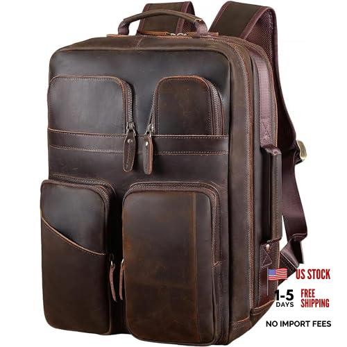 17.3″ Full Grain Leather Laptop Backpack for Men Multi Pockets Dark Brown
