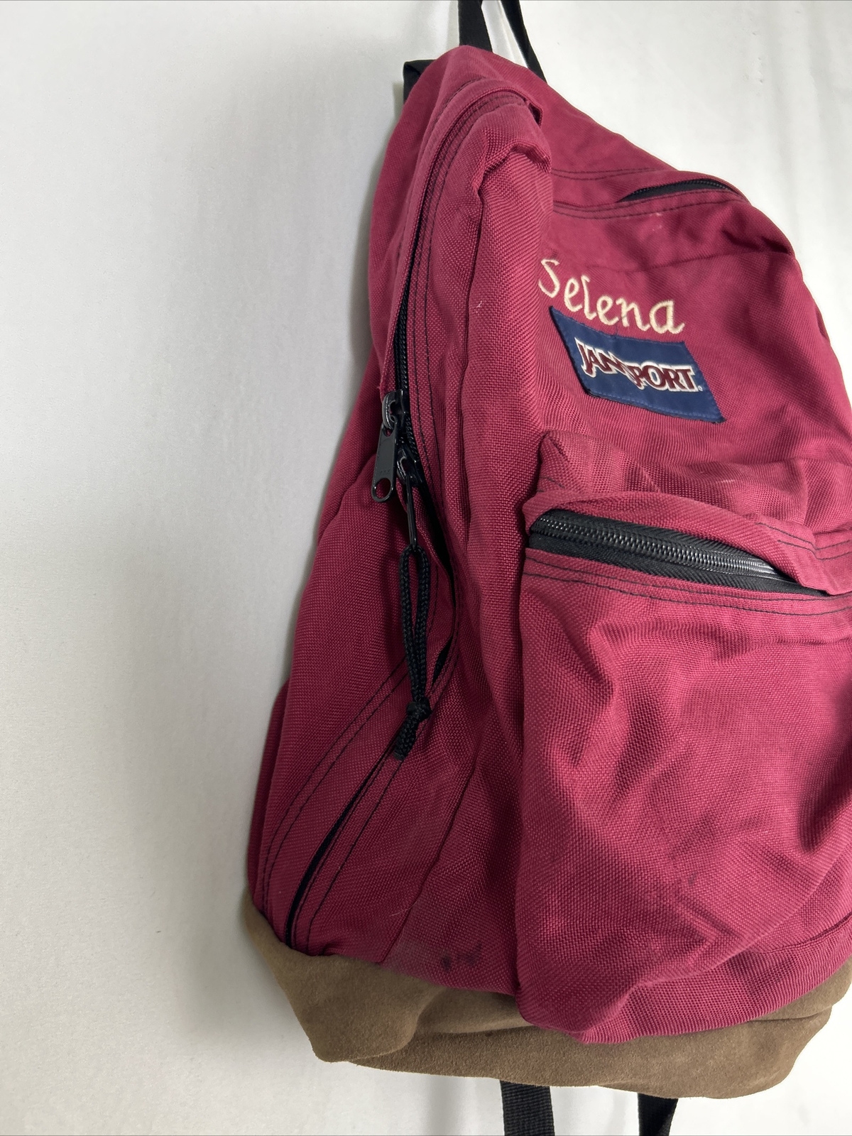 Vintage Jansport Backpack Maroon Red Brown Suede Bottom Embroidered “Selena”