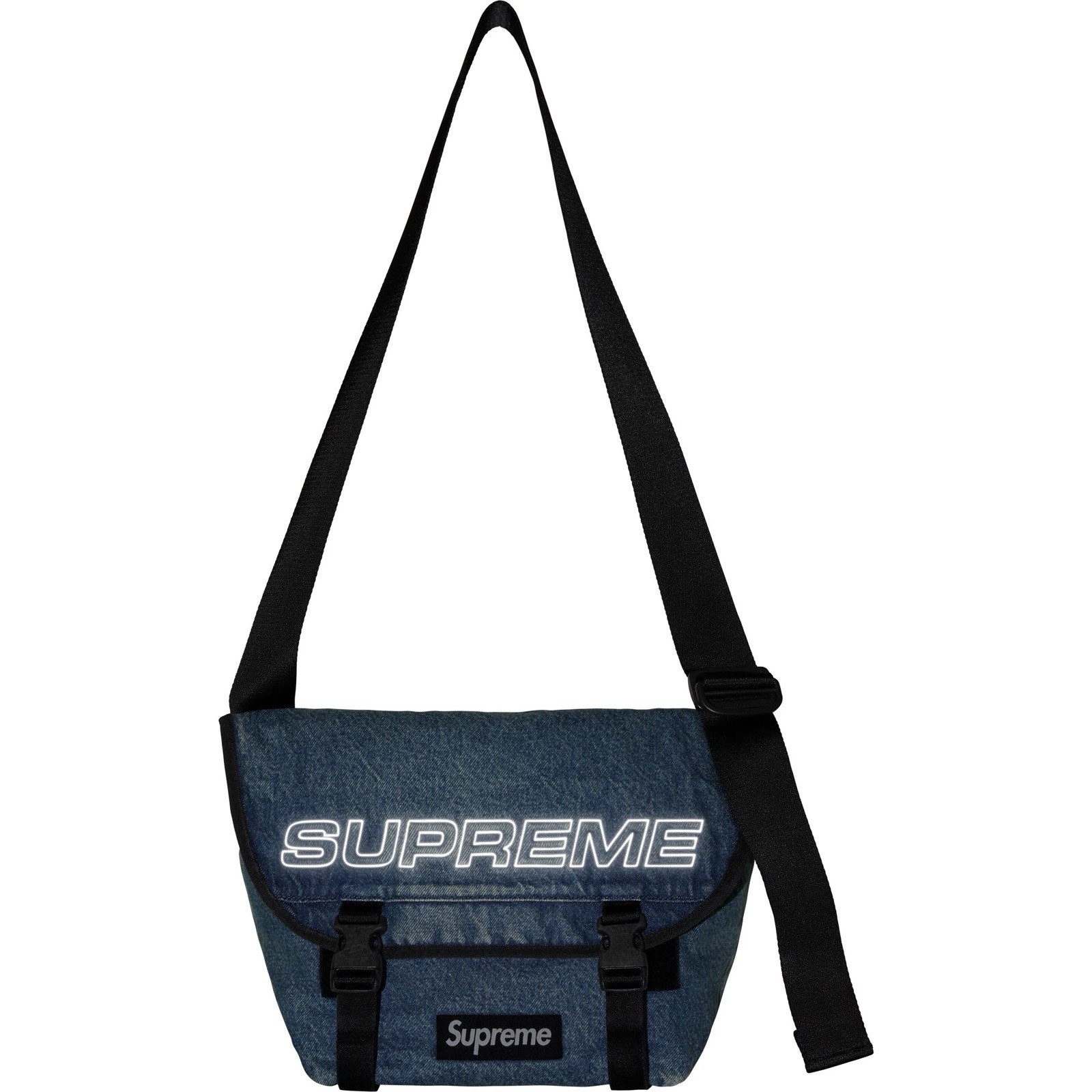 Supreme Denim Messenger Bag Washed Indigo Reflective Logo Water Resistant FW25