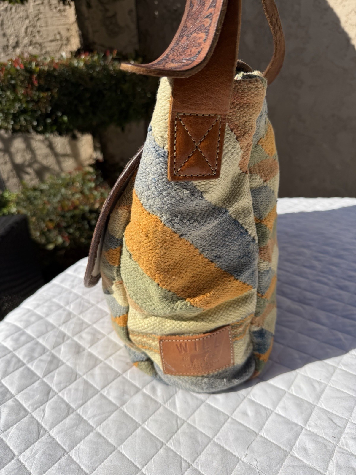 Will Leather Goods Dhurrie Tooled Messenger Bag Native American Woven Southwest