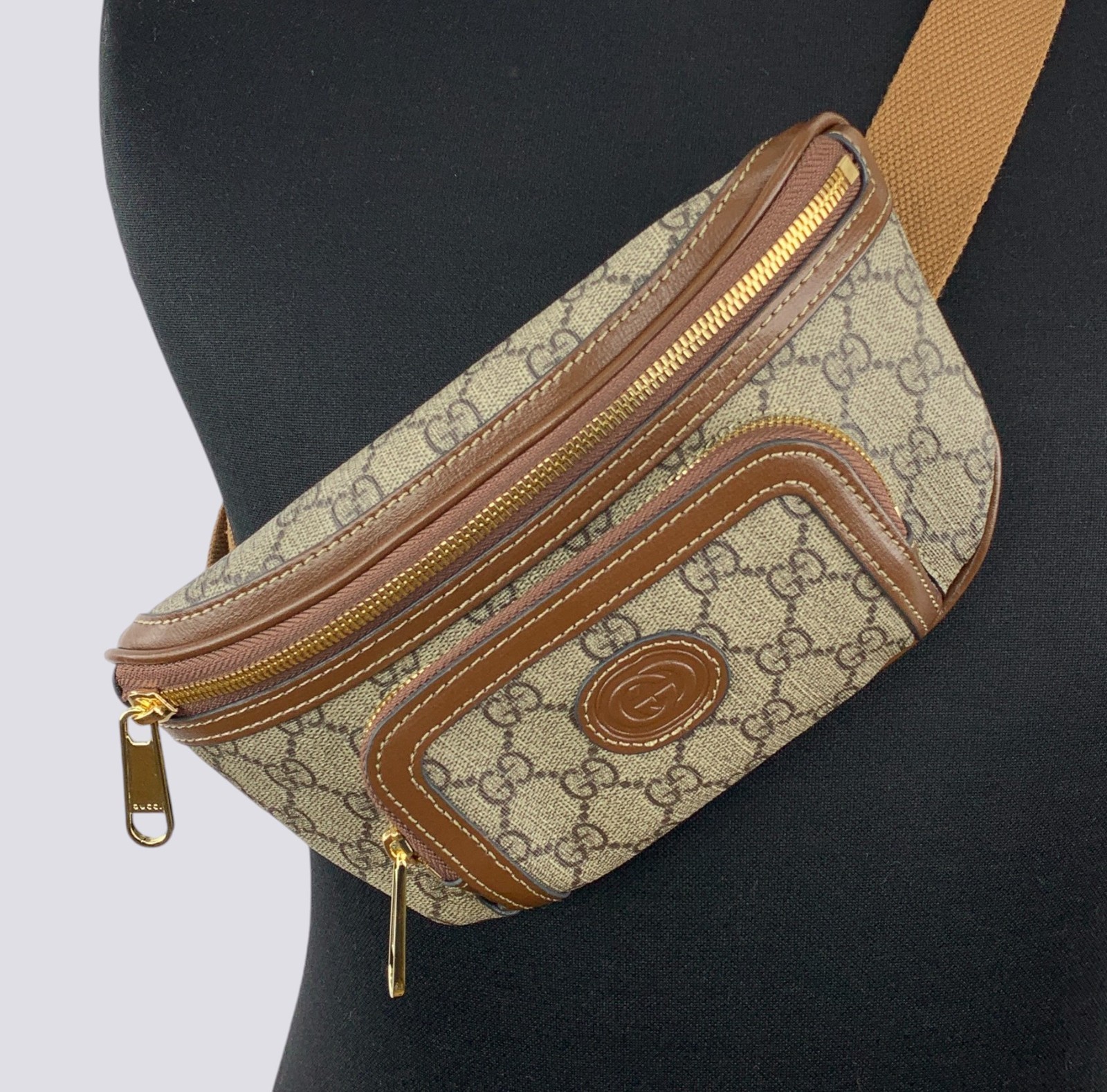Gucci GG Monogram Interlocking G Canvas Leather Crossbody Belt Bag Beige 682933