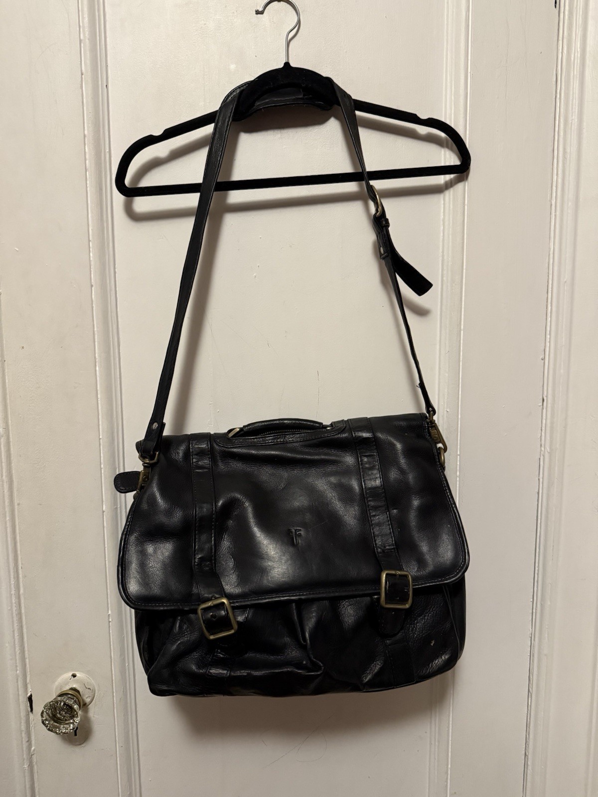 Unisex FRYE Black Leather Satchel Logan Case Organizer Zip Compartments