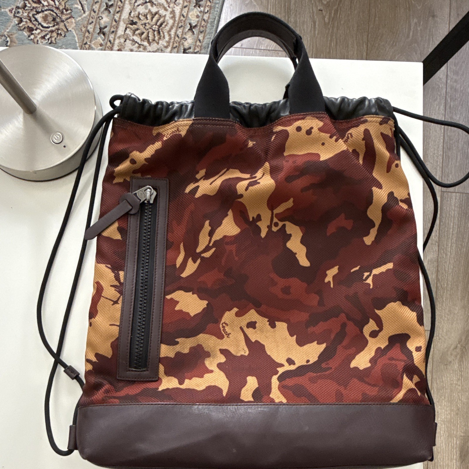 Men’s Camouflage Drawstring Backpack Large Brown Tan Black Adjustable Strap