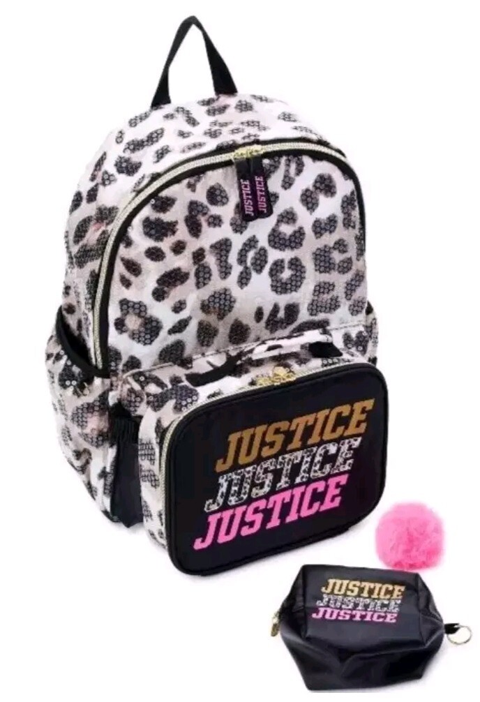 JUSTICE Girls 17″ Backpack Set with Lunch Bag, PomPom & Pouch Leopard 4-Pcs