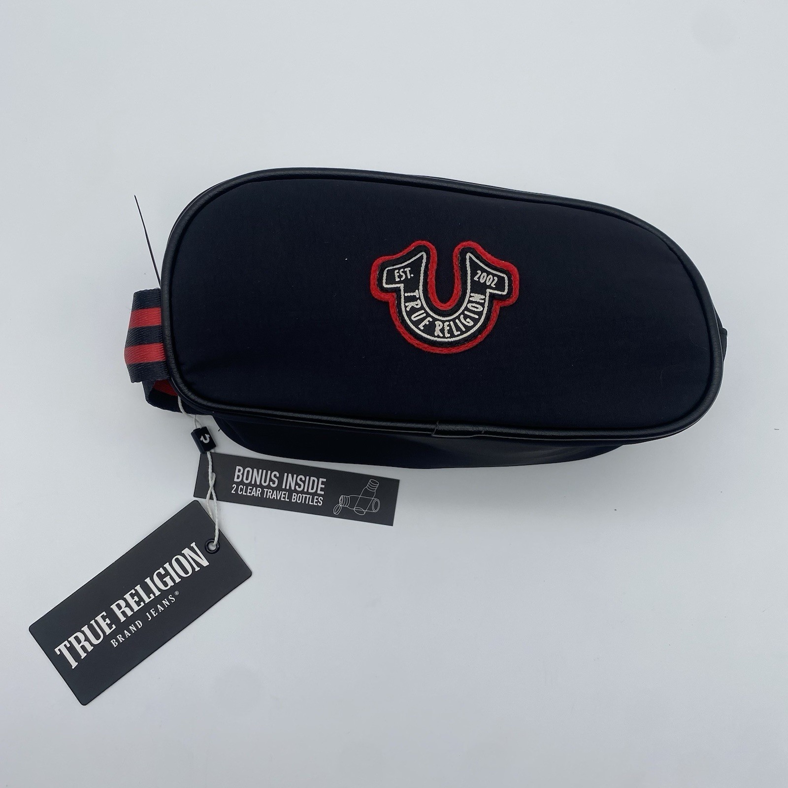 TRUE RELIGION Toiletry Bag PENN BLK/RED w/bonus travel bottles BRAND-NEW w/tags