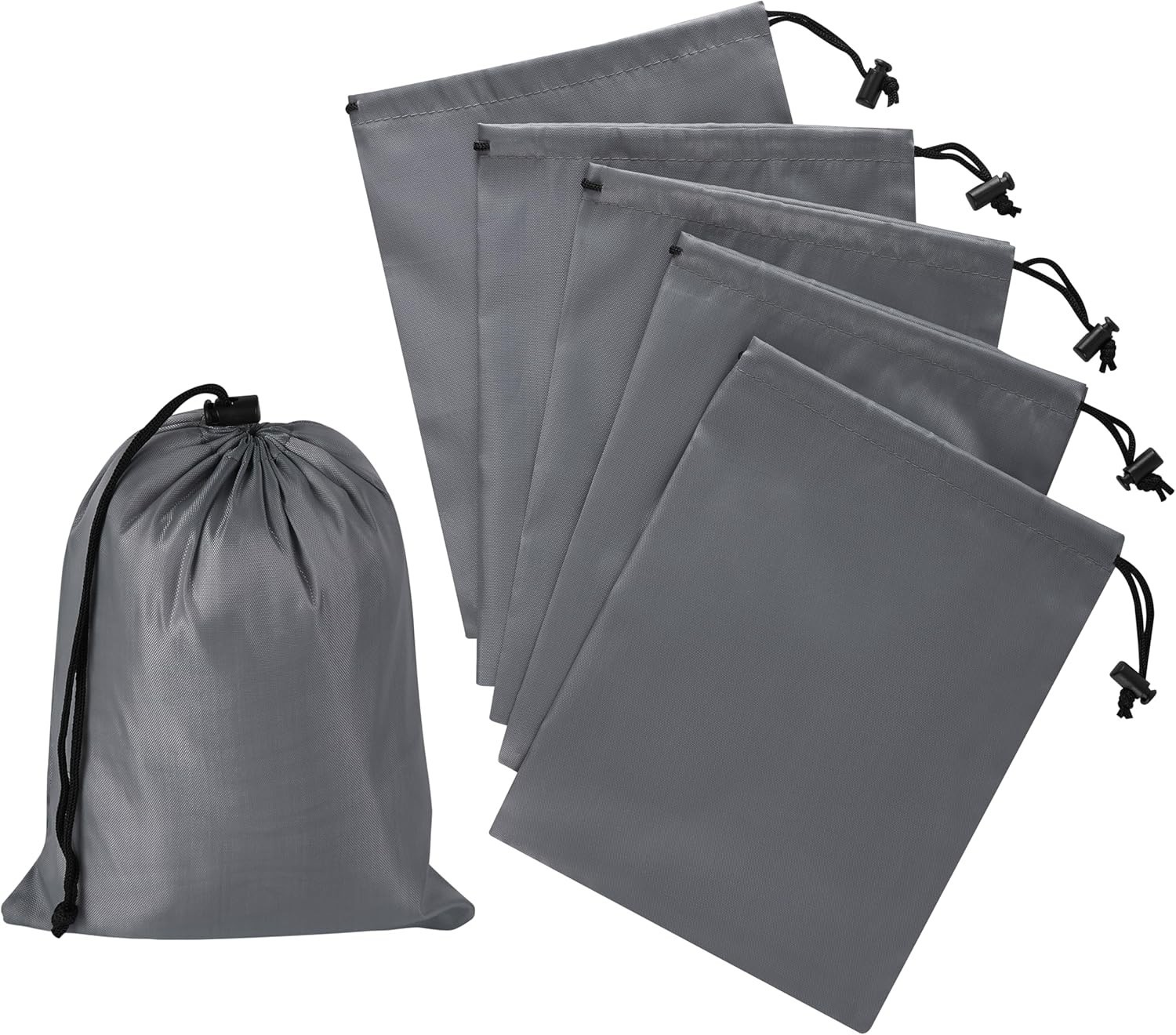 6 Set Drawstring Bag With Toggle Nylon Cinch & Ditty Pouch Gray 7 X 9 Inch