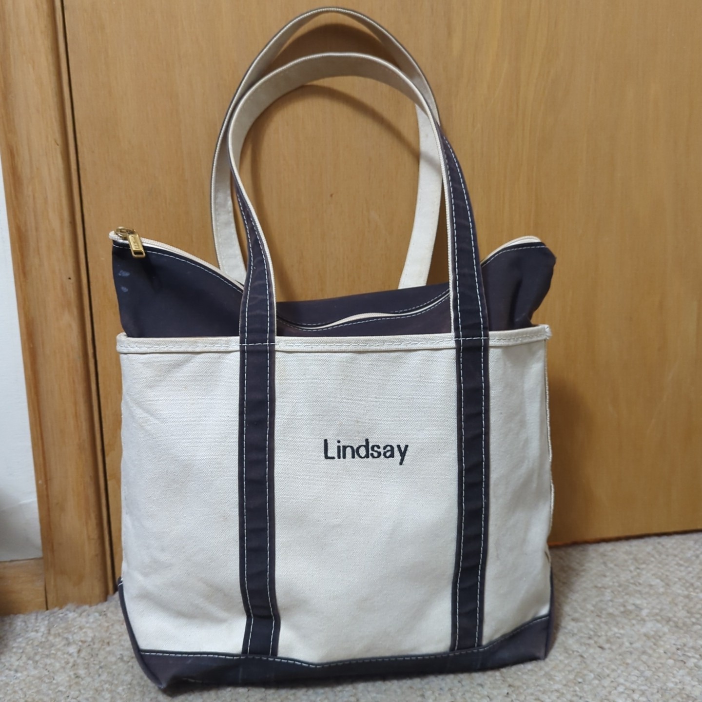 VTG LL Bean Boat and Tote Bag White Blue Canvas Faded Made in USA Zip Top Logo