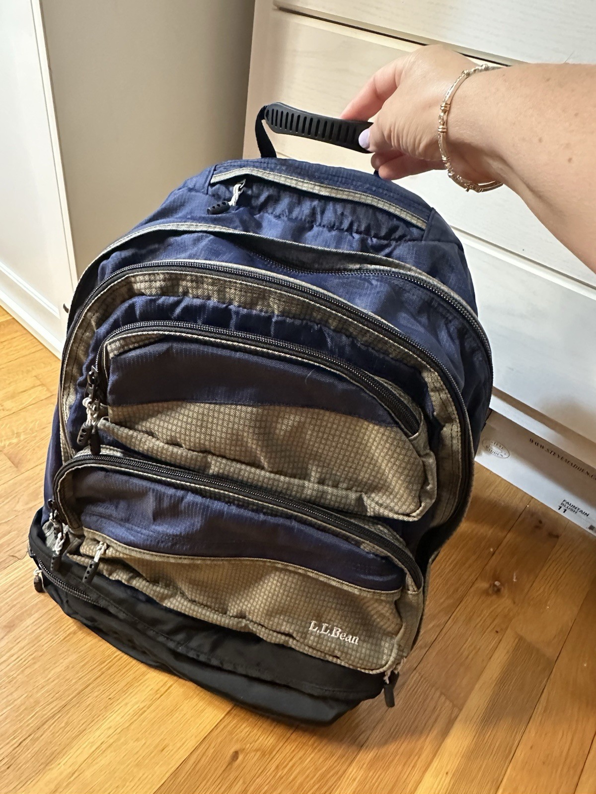 L.L. Bean Backpack Navy Gray School Travel Hiking Gym Shoe Compartment