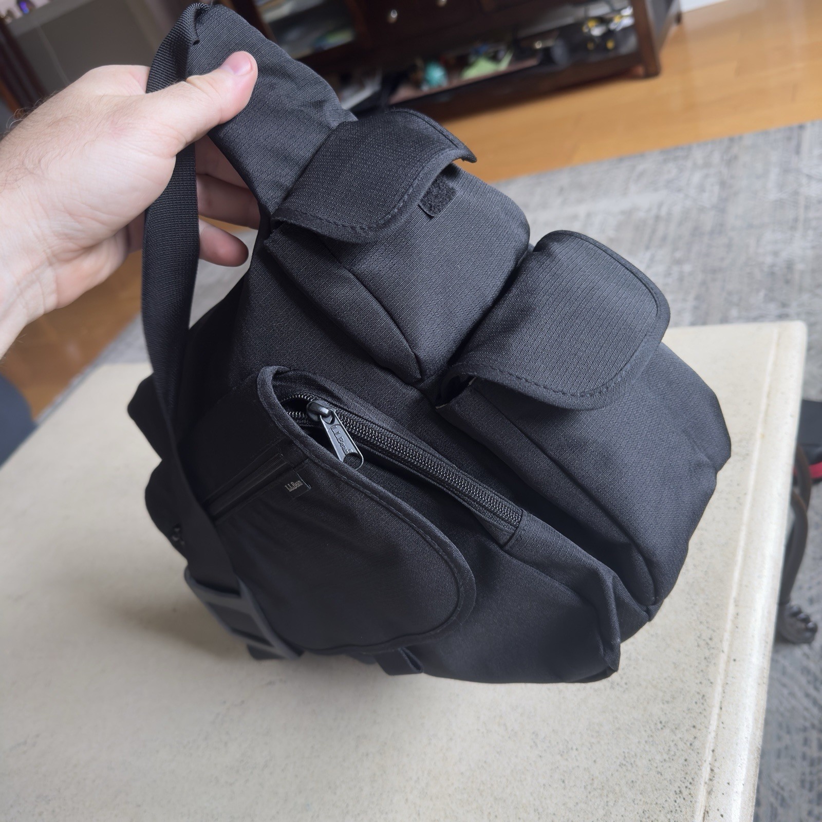 LL Bean Shoulder Bag Black Ripstop Nylon Side Carry Pack Outdoors Hike Camp