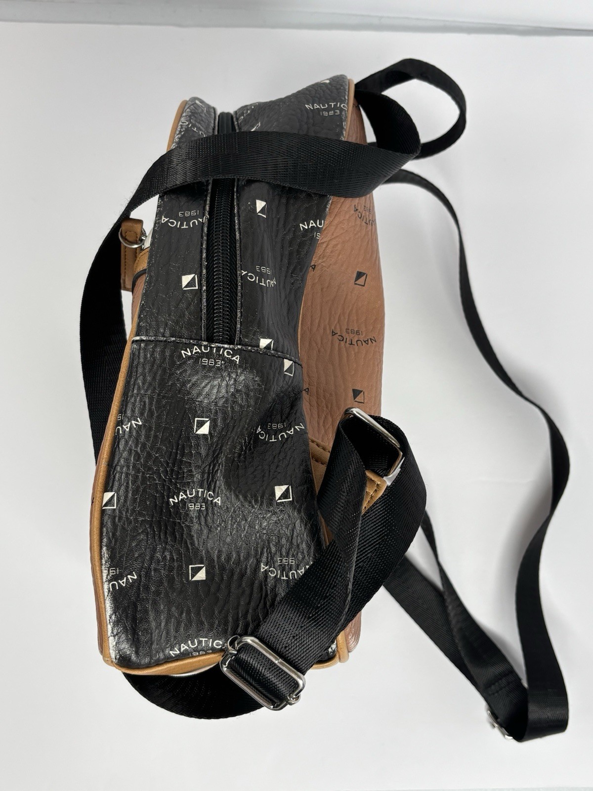 Nautica Medium Logo Print Backpack Brown Black White Zip, Pockets
