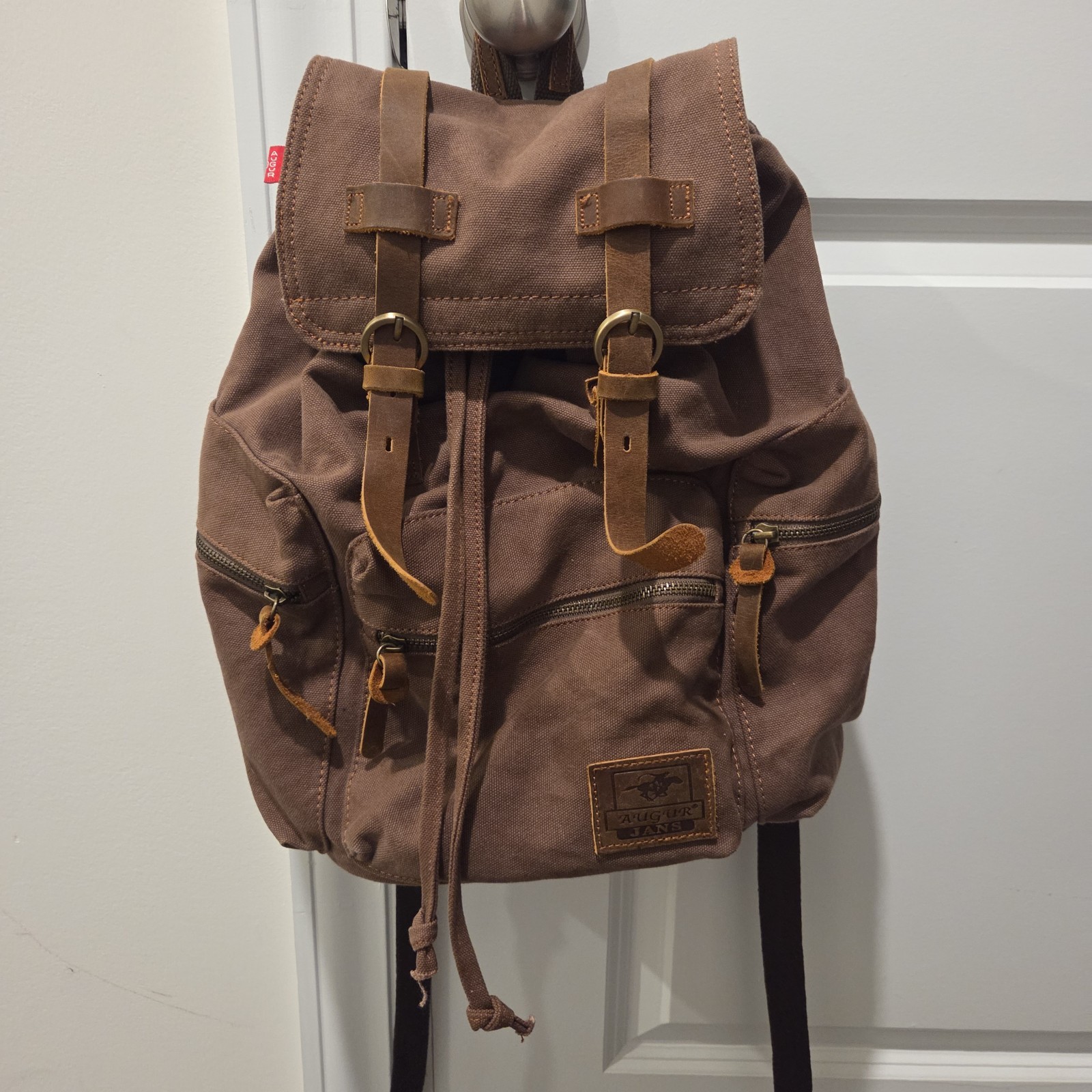 Augur Strauss Jans Canvas Leather Backpack Hiking Travel School LapTop Brown