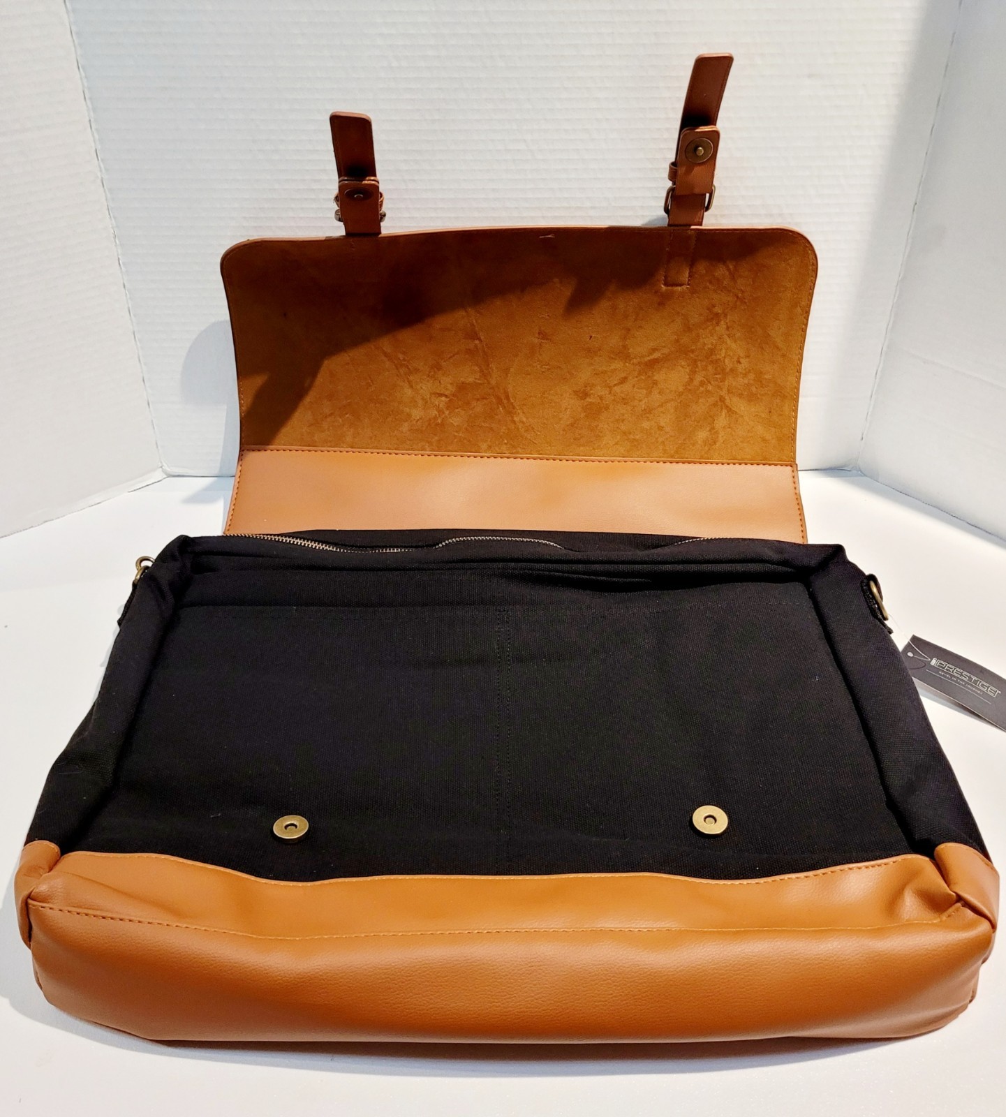 NEW WITH TAGS PRESTIGE MESSENGER BAG-BLACK & TAN-18″ X 15″ W/STRAP AND ZIPPER