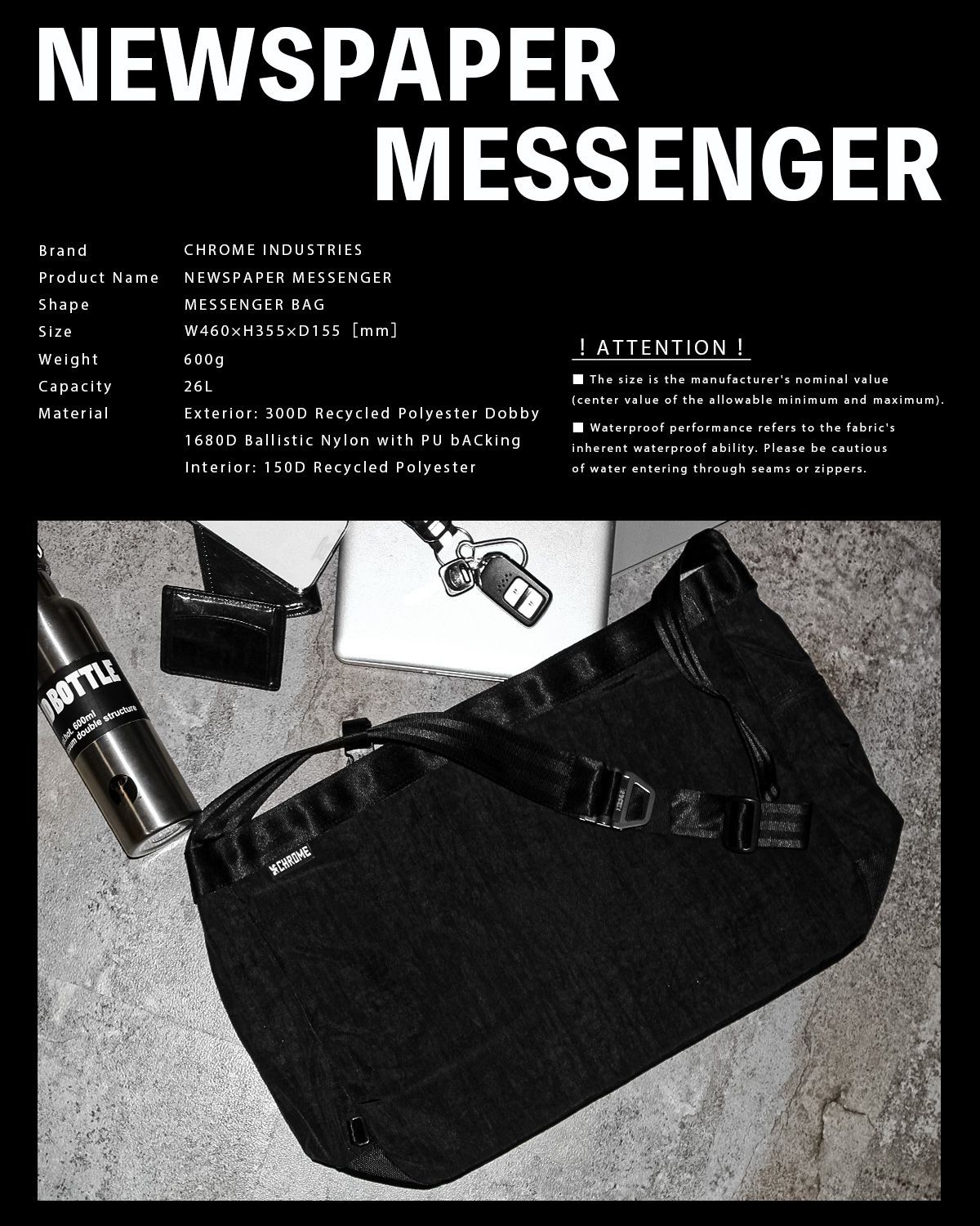 Chrome Industries Newspaper Messenger Bag 26L Waterproof B4 Nylon Mens