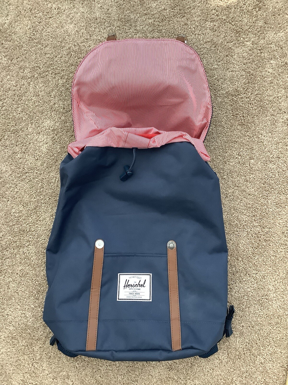 Herschel Retreat Computer Laptop Backpack Navy Unisex Faux Brown Leather NWOT