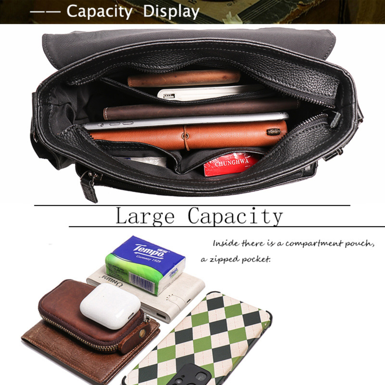 Men Leather Crossbody Messenger Bag Shoulder Satchel for Work Travel Casual