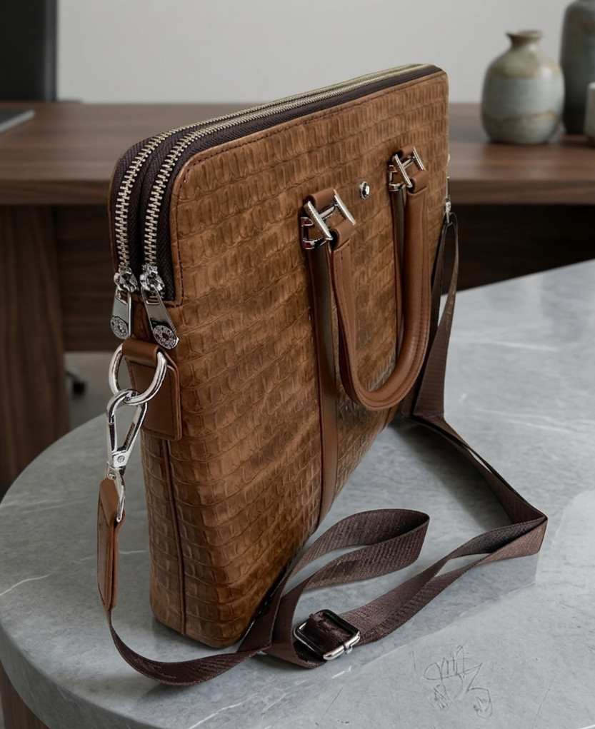 Luxury Montblanc Men’s Brown Crocodile Textured Leather Laptop Bag Briefcase