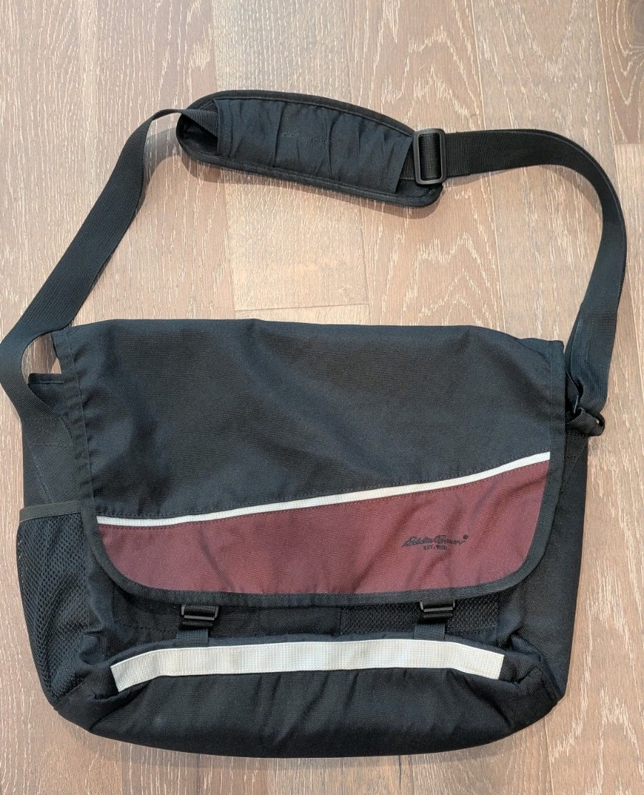 EDDIE BAUER Messenger Laptop Shoulder Bag Black & Maroon Nylon 13″x20″
