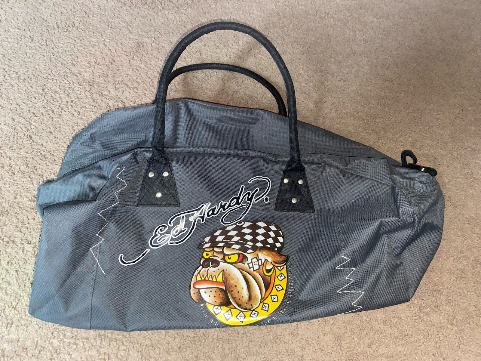 Ed Hardy Graphic Bulldog Love Kills Slowly Canvas Duffel Gym 2 Handle Bag