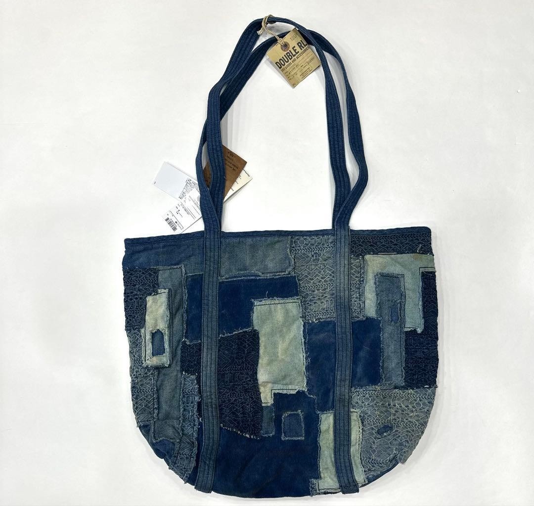 RRL Ralph Lauren Indigo Patchwork Cotton Leather Tote Bag 36x34cm