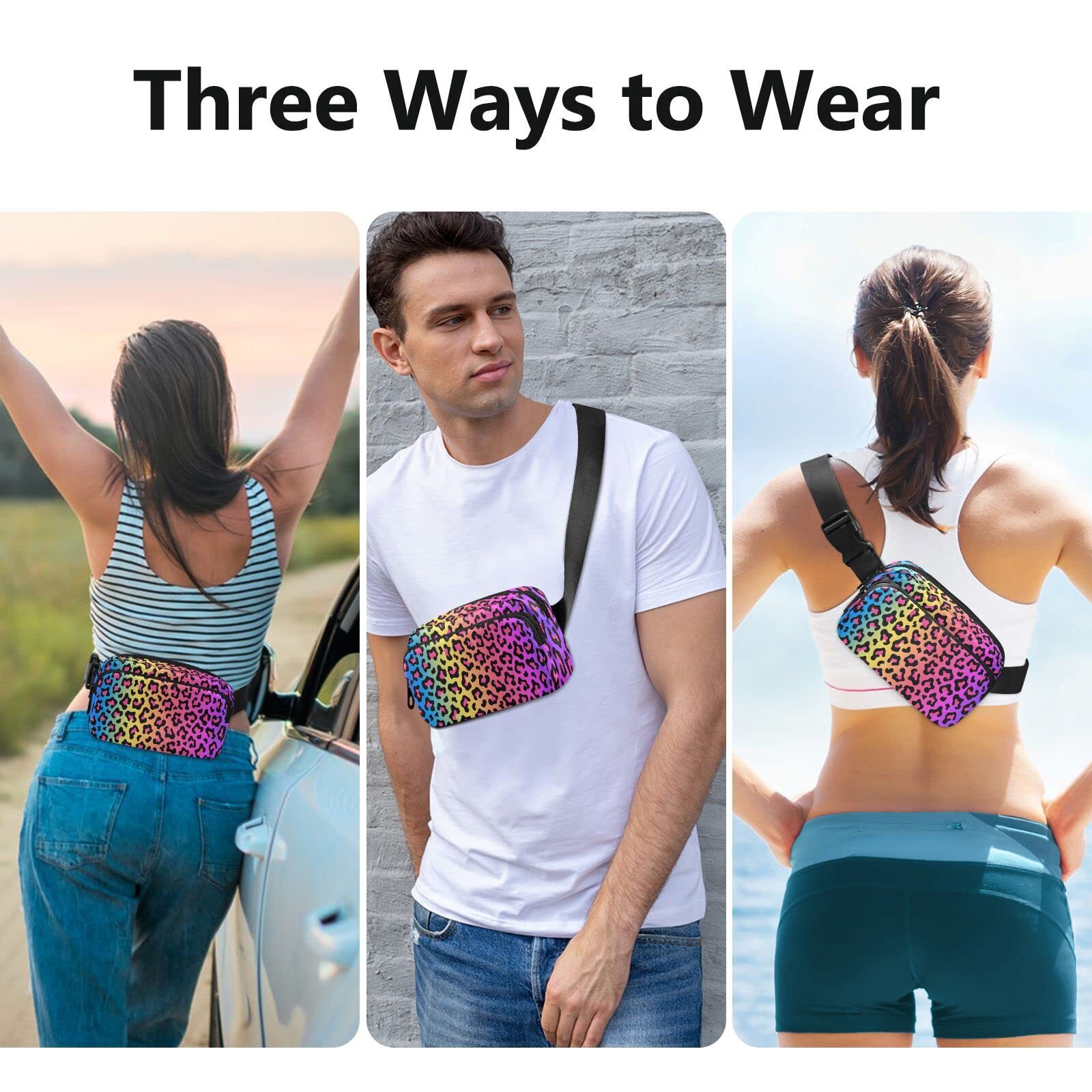Rainbow Colored Leopard Print Belt Bag for Women Men Fanny Pack Small Waist P…