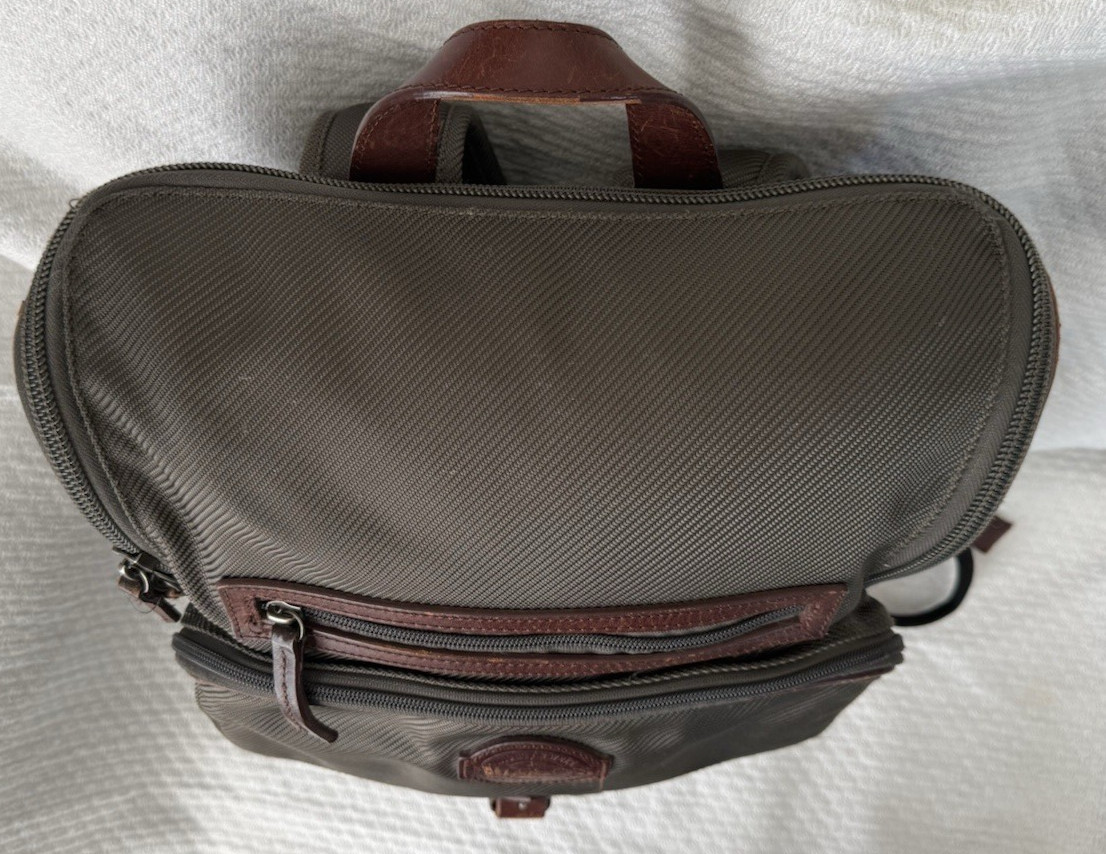Filson Utilitarian Backpack Olive Green Brown Leather Trim Laptop Travel Bag