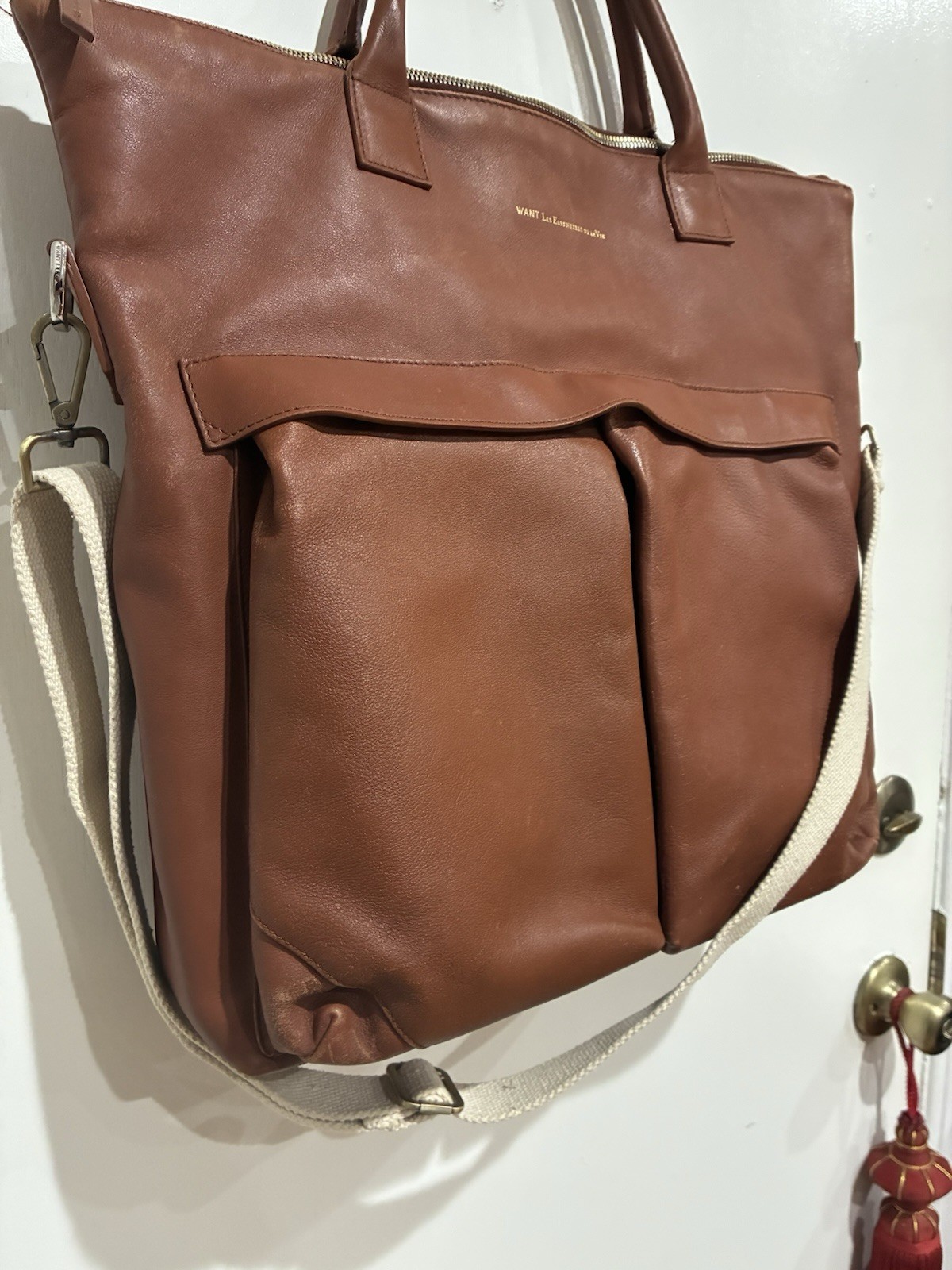 WANT Les Essentiels O’Hare Large Leather Tote Crossbody Travel Bag Light Brown