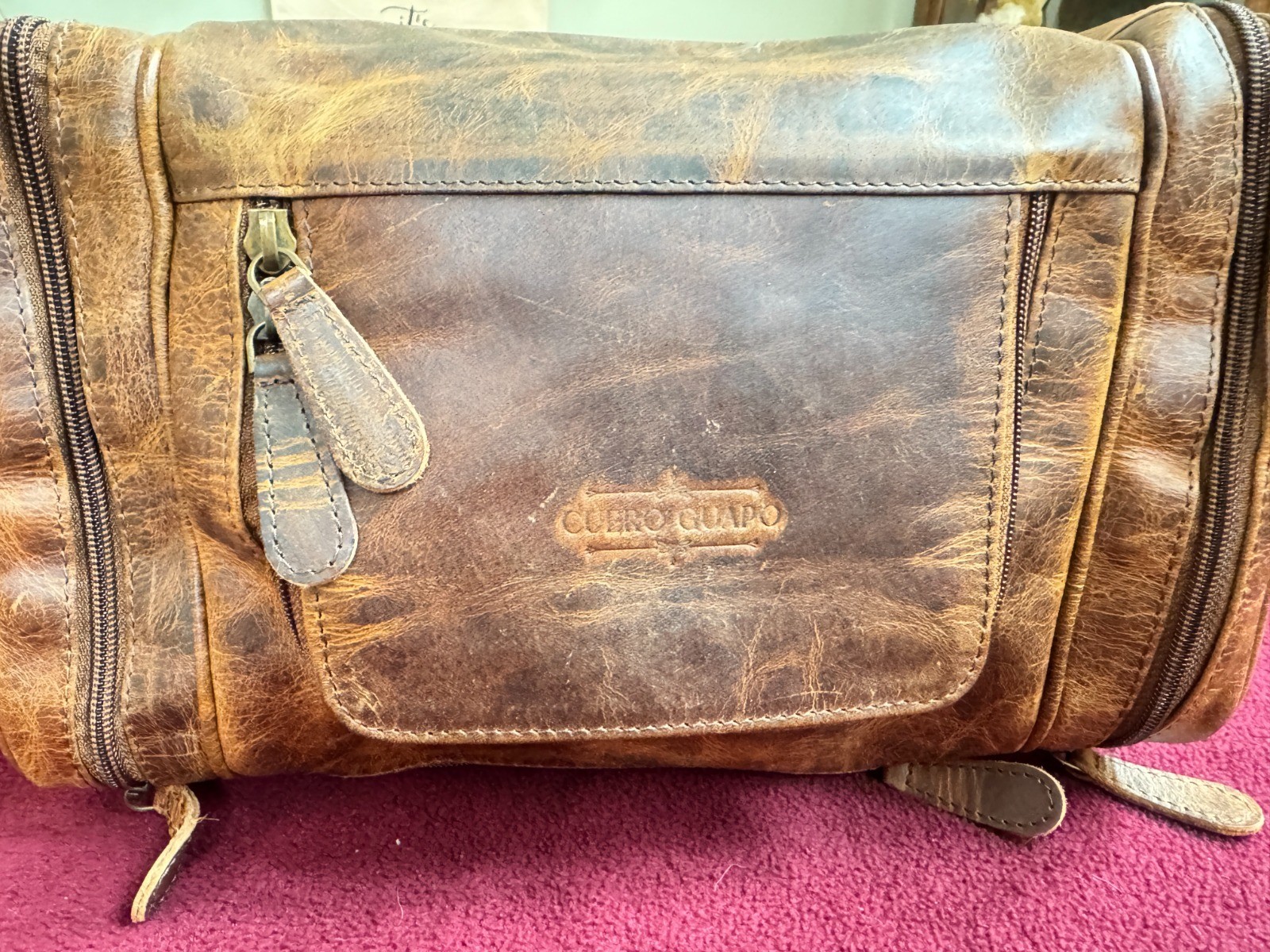 Large Full Grain Leather Dopp Kit Shaving Toiletry Travel Bag Brown