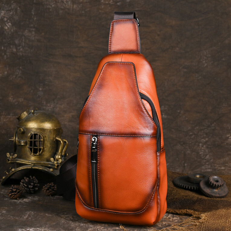 Top Cowhide Leather Sling Backpack, Men‘s Crossbody Chest Bag Causal Daypack