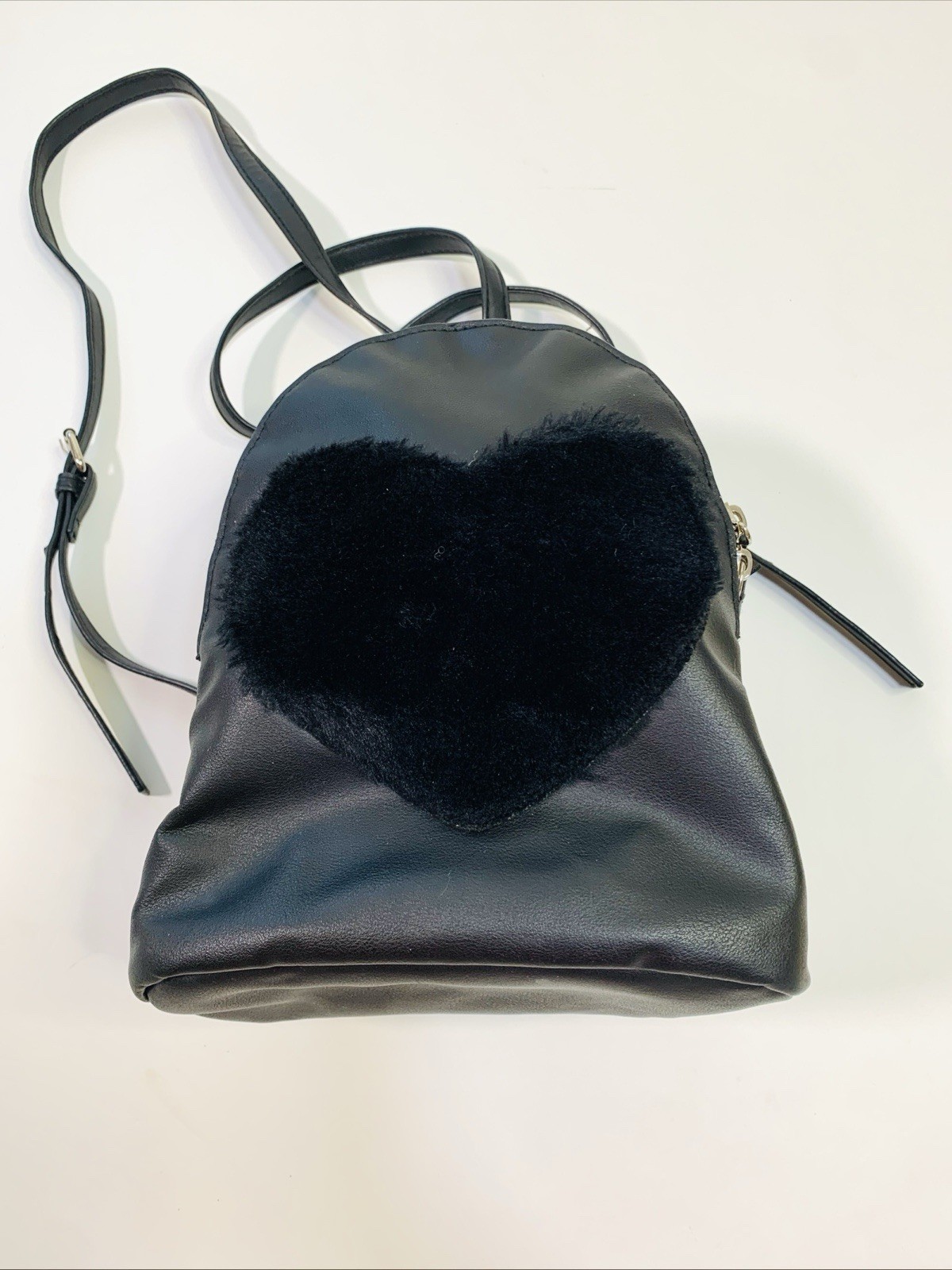 Black Fur Heart Design Backpack Small Stylish Travel Bag 9×8 Inch