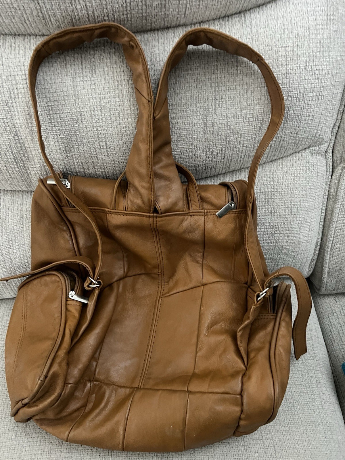 Genuine Soft Leather Backpack Unisex Caramel Color 5 Pocket Travel Bag