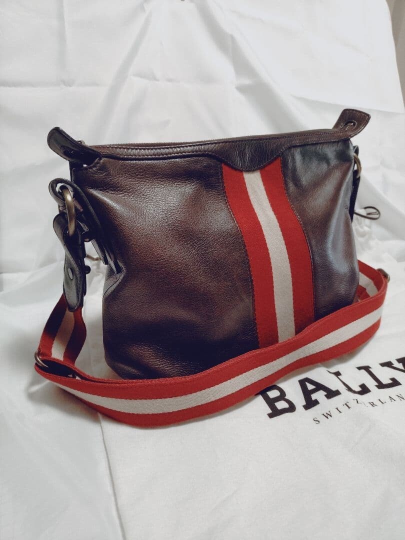 BALLY Brown Leather Shoulder Bag Red White Striped Strap Men