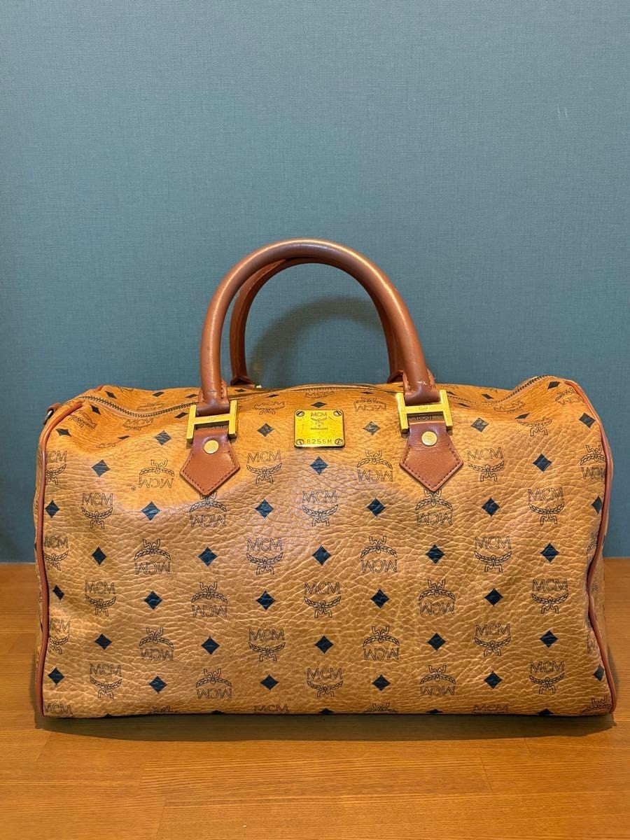MCM Authentic Visetos Leather Handbag Brown Boston Bag Gold Logo Double Handle