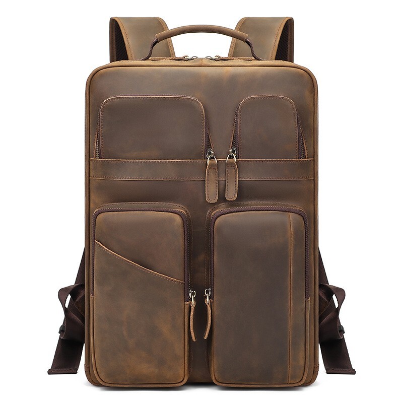 Men Vintage Leather Backpack Crazy Horse Leather 15.6” Laptop Travel Backpack