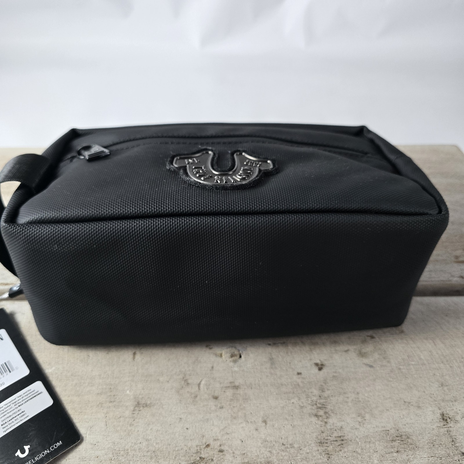True Religion Men’s Rain Toiletry Bag w/2 Travel Bottles Black Canvas Logo NWT