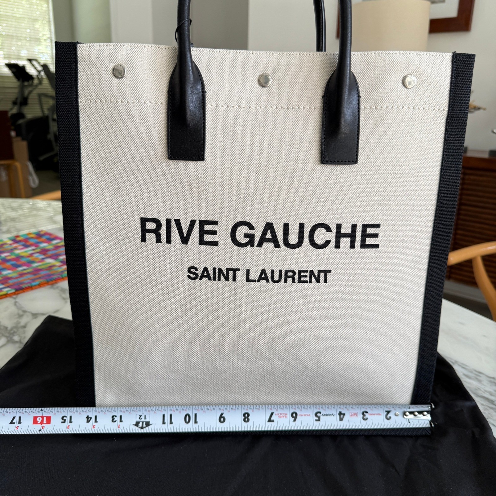 Saint Laurent Rive Gauche Tote Bag Canvas Leather White Black 632539