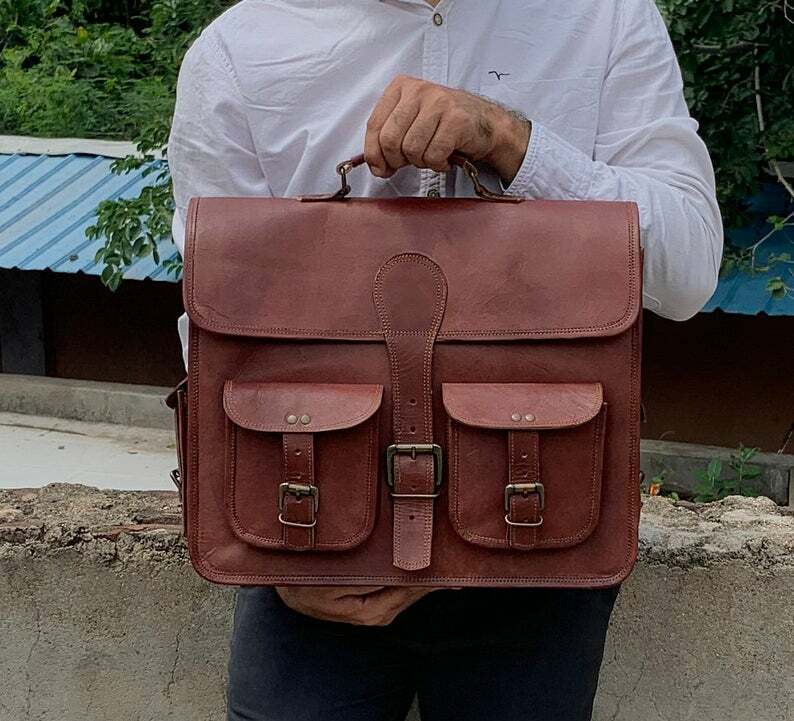 Distressed Leather Laptop Messenger Convertible Briefcase Crossbody Backpack Bag