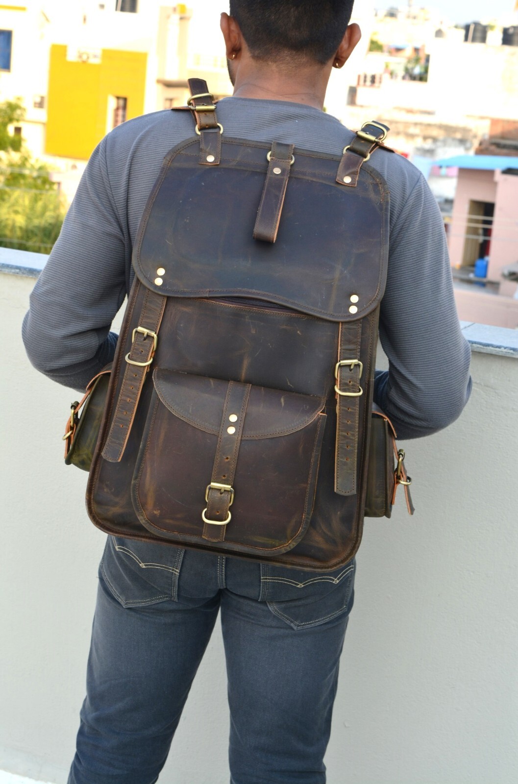 Leather Backpack for Men Handmade 21 inch Laptop Shoulder Office Brown Rucksack