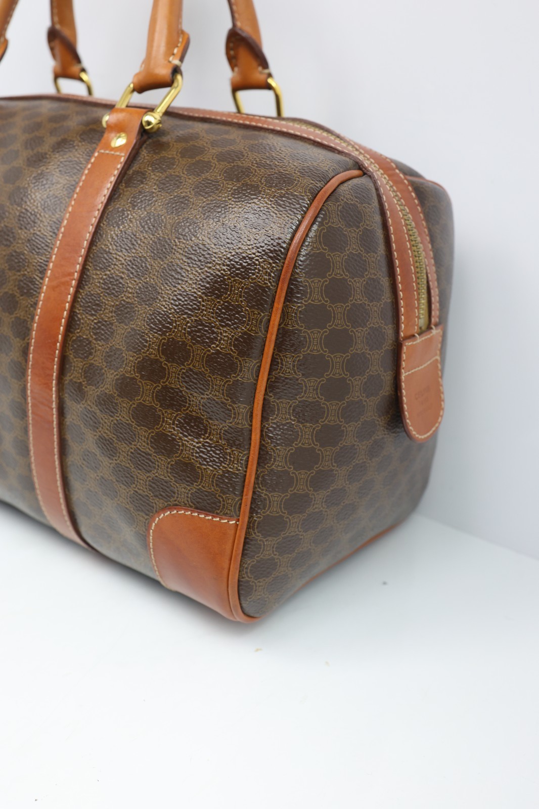 Authentic CELINE Macadam Boston Bag 35cm Brown PVC Leather Travel Handbag Vintag