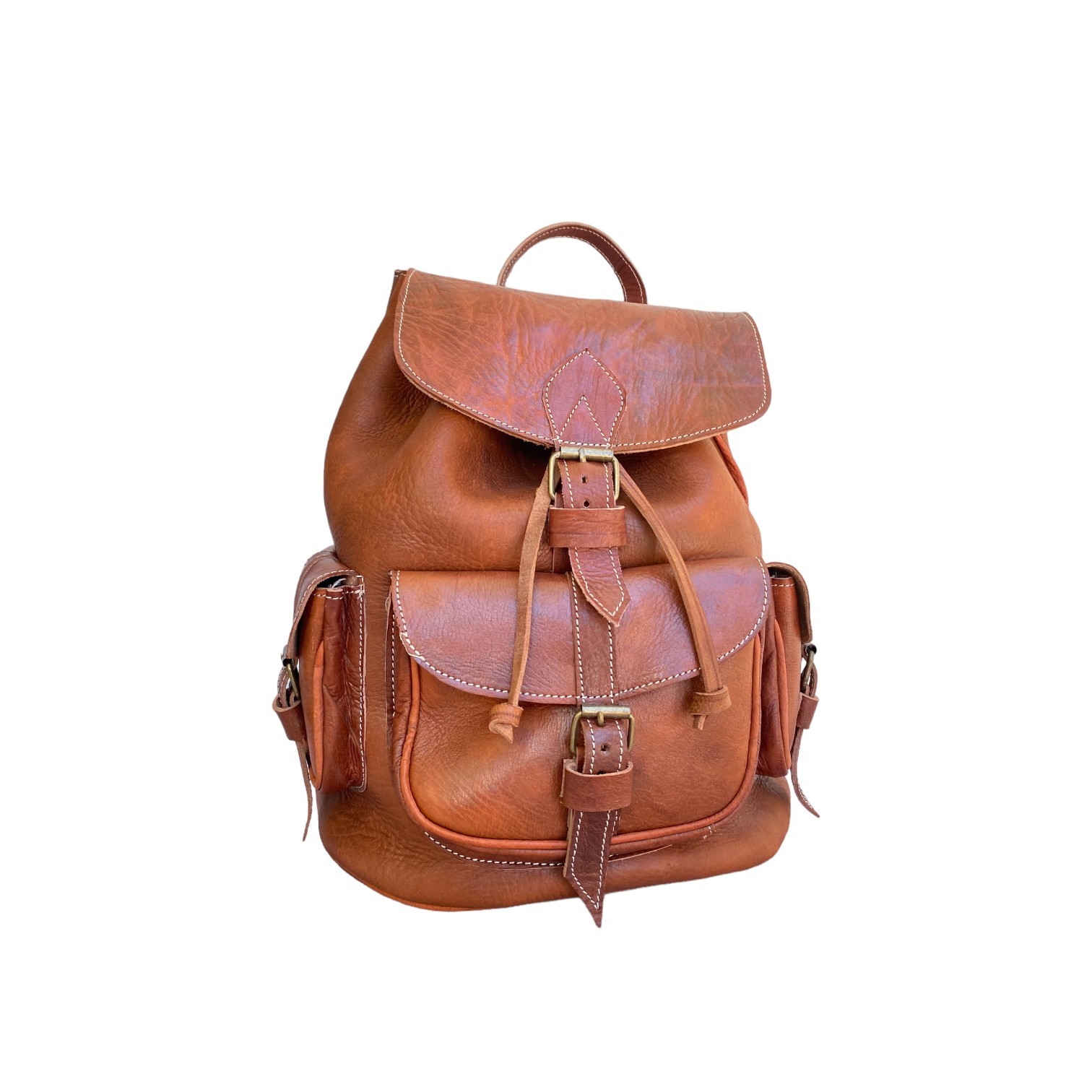 Cognac Leather Backpack Handmade Morocco Belt Buckle Front Back Pocket