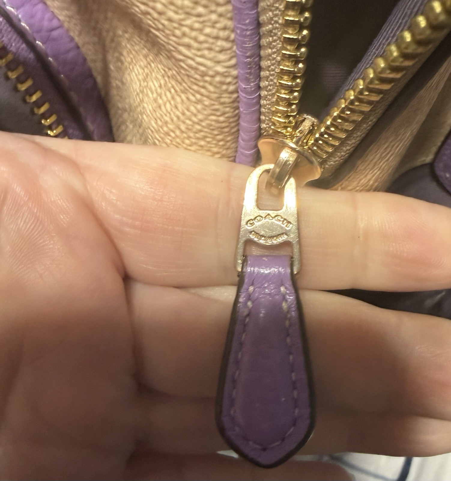 Coach Logo Backpack Purple Beige Zip Closure Adjustable Strap