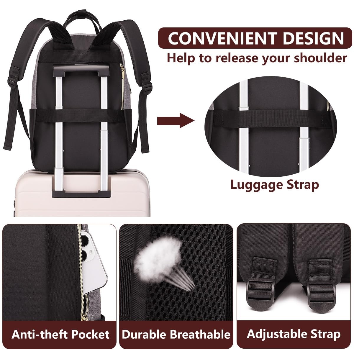 15.6 Inch Laptop Backpack Waterproof Anti~theft Travel Bag Grey Black