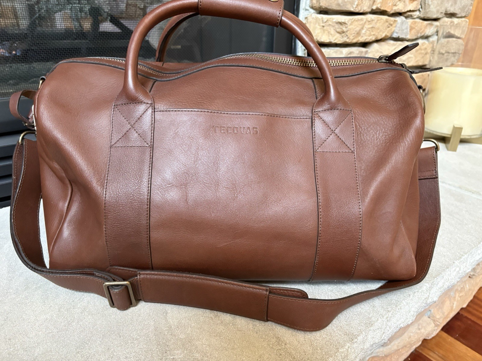 Tecovas Brown Leather Duffle Bag Weekender Shoulder Strap Luggage Tag NWOT